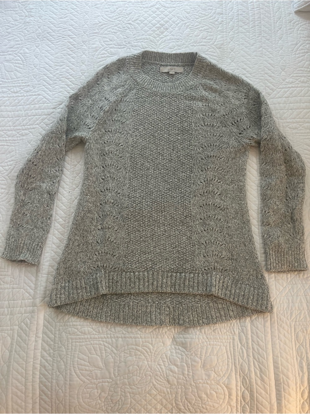 LOFT Light Heather Gray Open-Stitch Crewneck Sweater